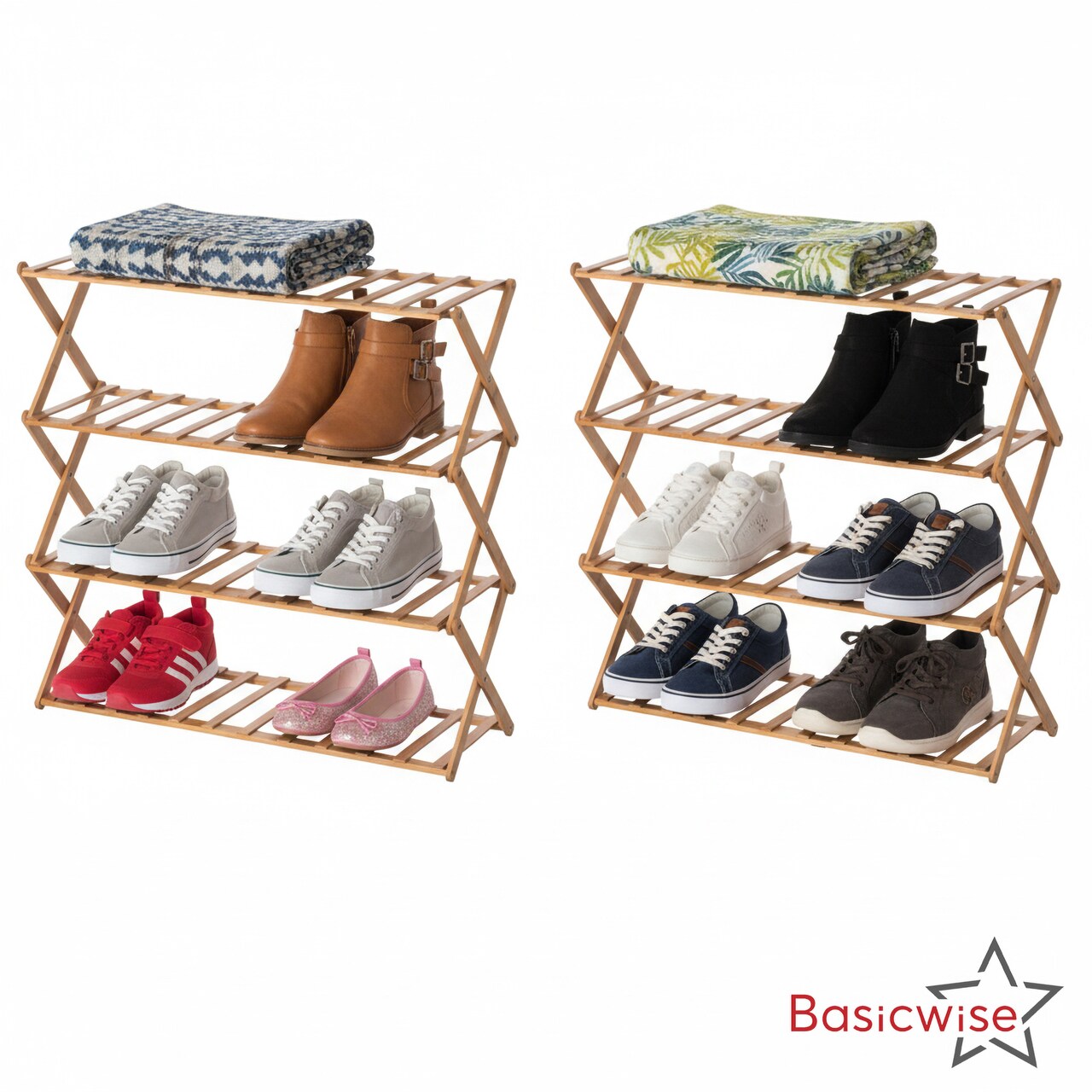 Basicwise Set of 2 Foldable Bamboo Shoe Rack and Storage Shelf Multi-Purpose Wooden Organizer for Entryway Closet or Living Room Space-Saving Stand for Shoes Plants Towels and Home Décor